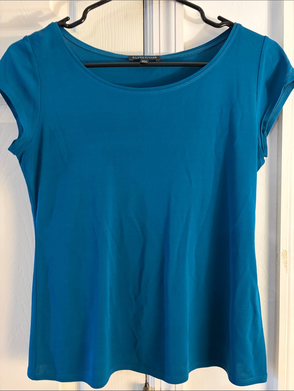Eileen Fisher Teal Scoop Neck Cap Sleeve Tee 100% silk